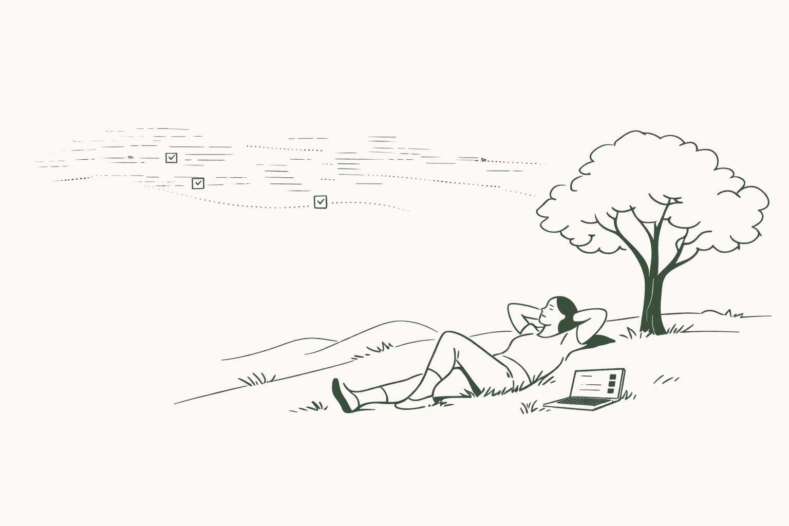 Minimal illustration of a person relaxing on a grassy hill under a tree while subtle AI workflows run quietly in the background